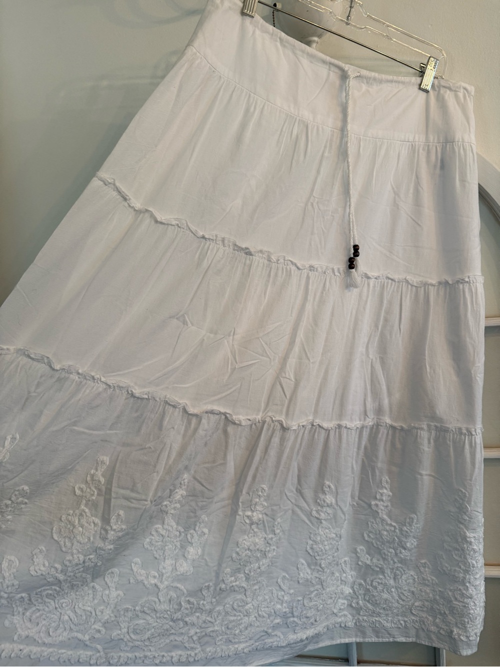 Jones New York Sport White cotton tiered maxi skirt. Boho embroidered hem, size